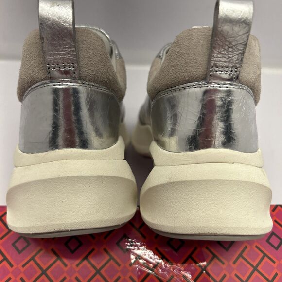 Tory Burch Good Luck Trainer Metallic Silver Leather Womens 5 New in Box - Picture 7 of 11